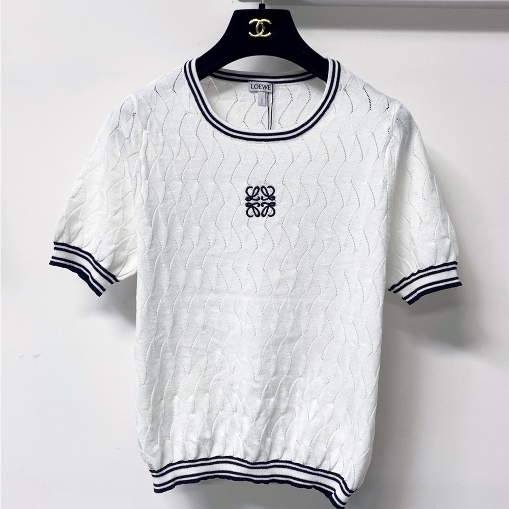 Loewe White Short-Sleeve Knit Top with Navy Trim and Signature Anagram